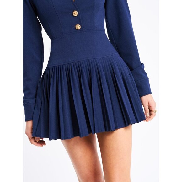 Val Navy Blue Denim Style Pleated Mini Dress - Picture 6 of 16